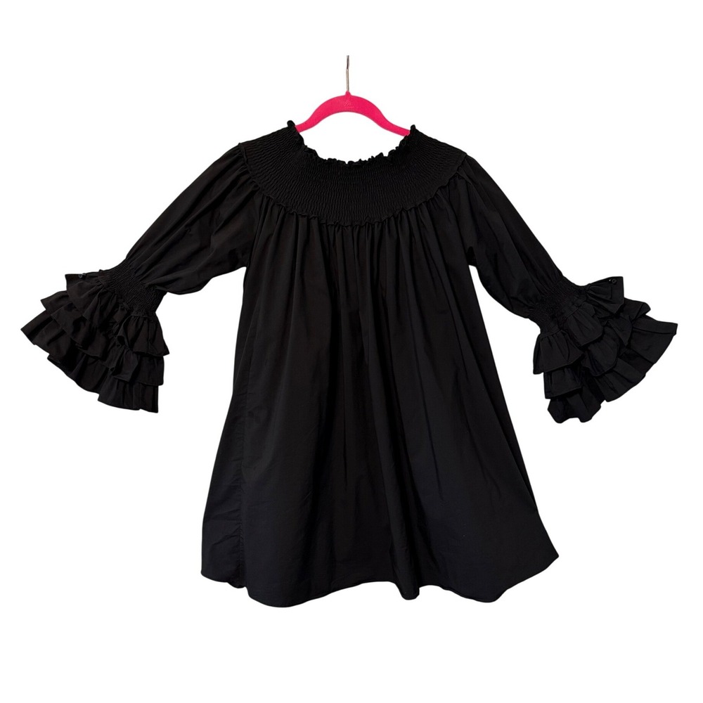 Blanc Studio Babydoll Dress Womens Black Smocked Tiered Ruffle Sleeve Mini - Picture 5 of 13
